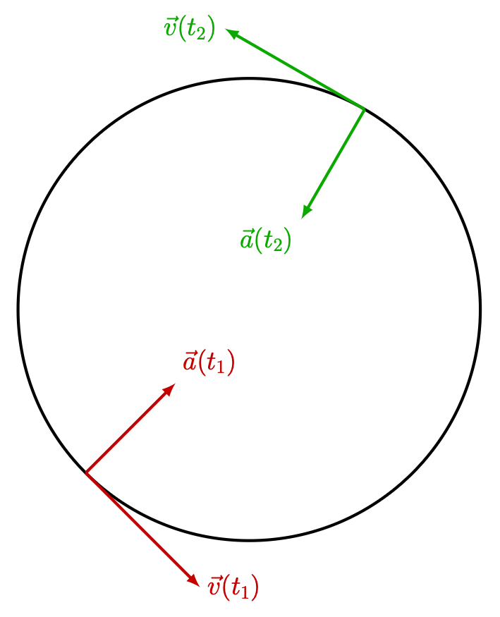 Diagram showing the vector-valued functions of velocity and acceleration during circular motion
